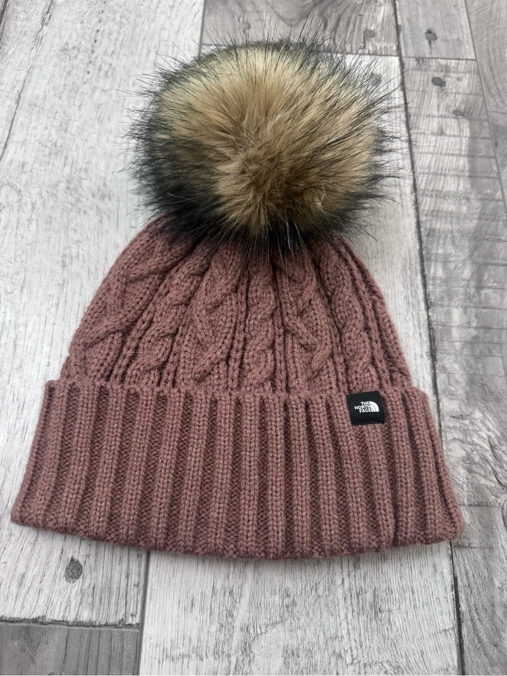 The North Face Women's Oh Mega Fur Pom Pom Beanie Hat Sumac O/S Brown